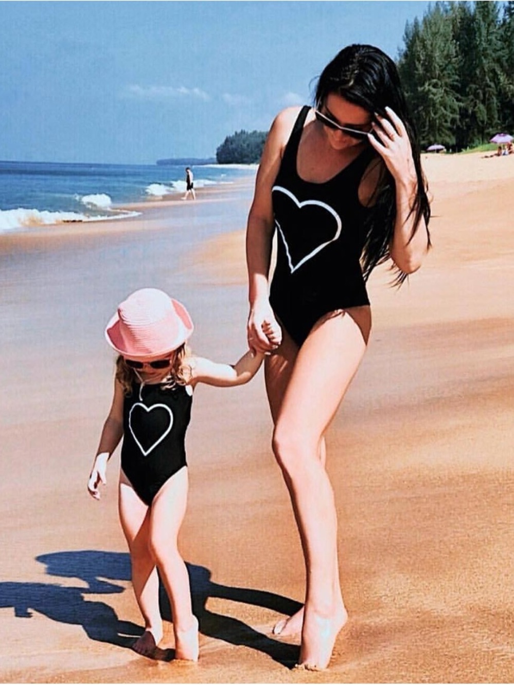 Black One-Piece Swimsuit with White Heart Graphic